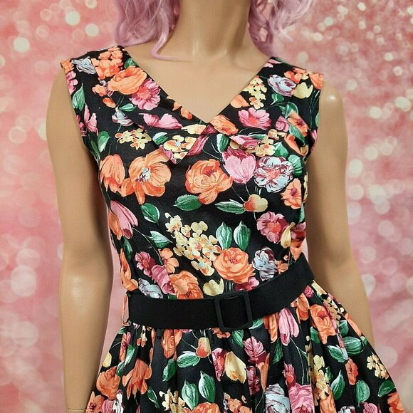 Vintage 80s Belted Floral Dress Prom Party S Retro 50s Sleeveless Crinoline - Picture 9 of 13